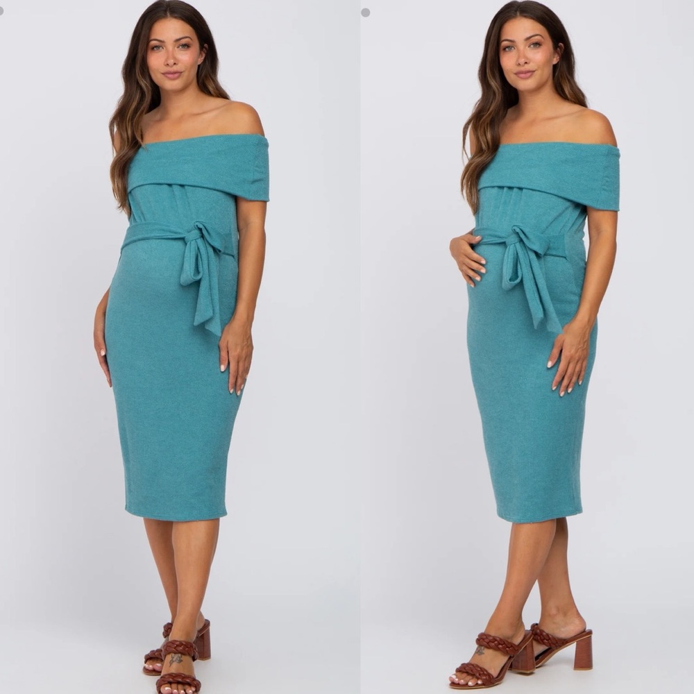 Pinkblush Jade Folded Off Shoulder Waist Tie Maternity Midi Dress